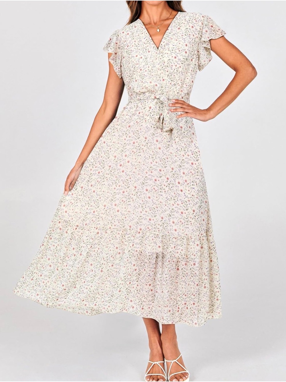 Ivory Floral Ruffle Cap Sleeveless Dress with Tie Waist